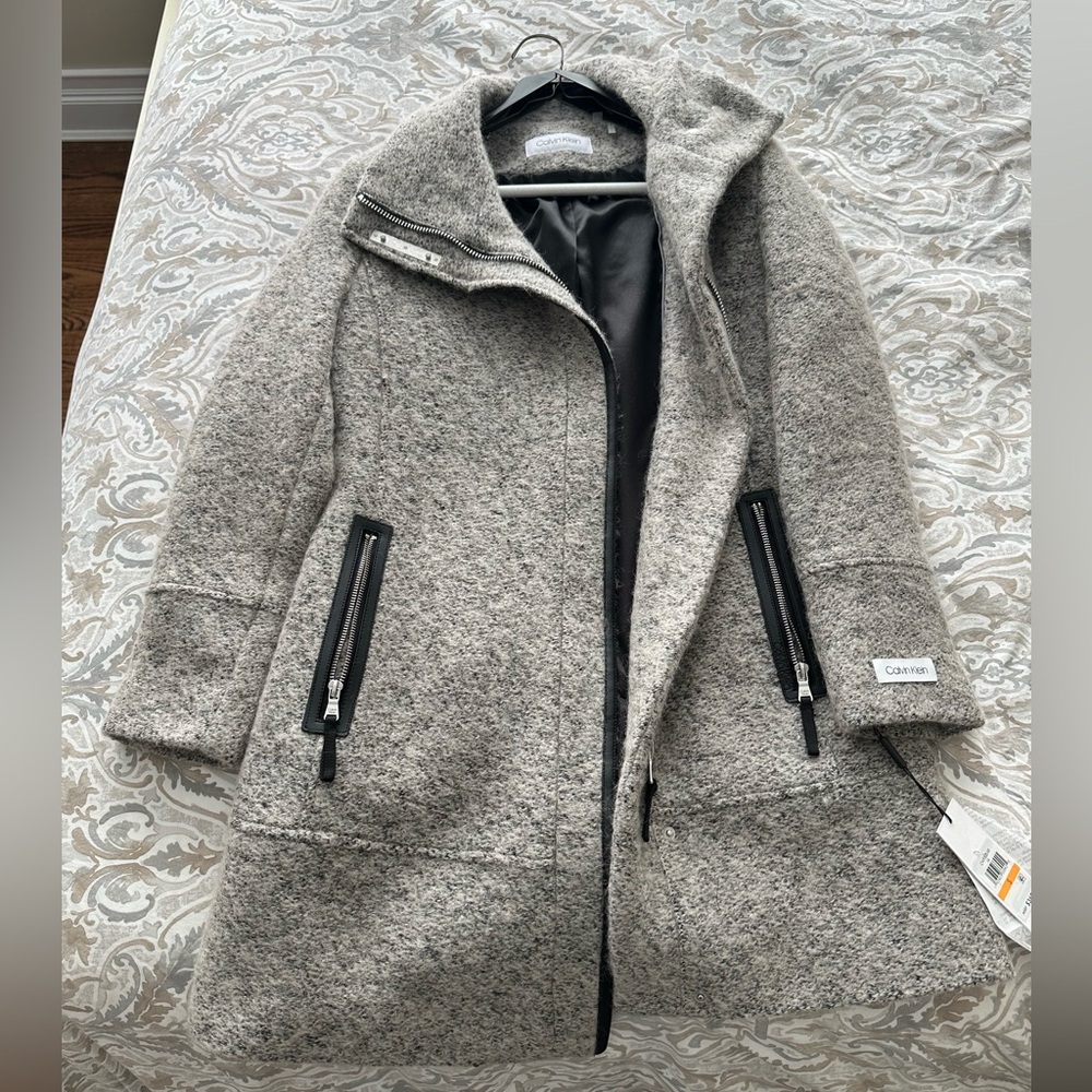 NWT Calvin Klein Faux Leather Trim Boucle Coat Size Small